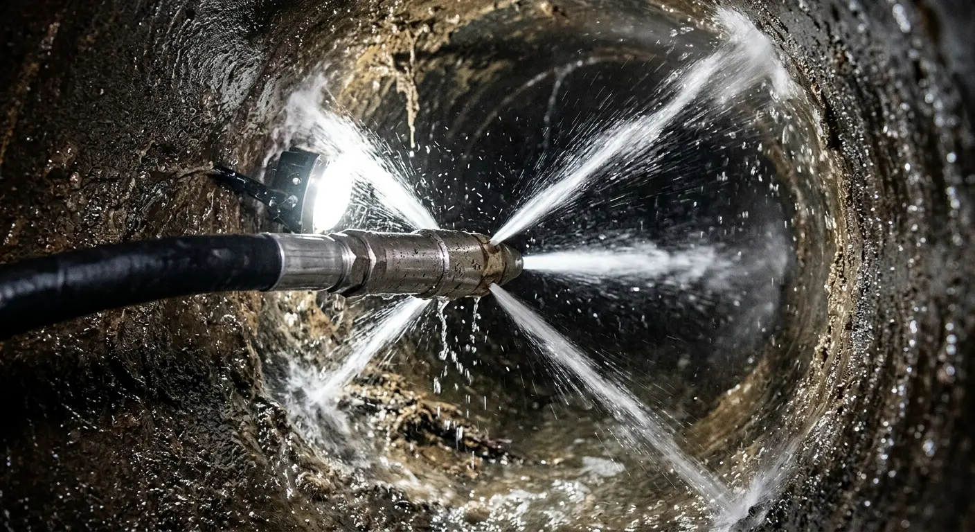 High-pressure hydro jetting nozzle cleaning sewer pipe for Sewer Cleanout in White Oak