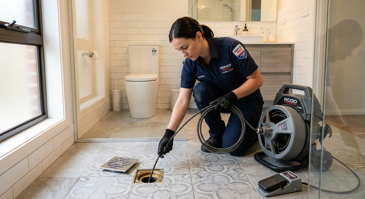Technician clearing a bathroom floor drain for Clogged Drain Repair in White Oak